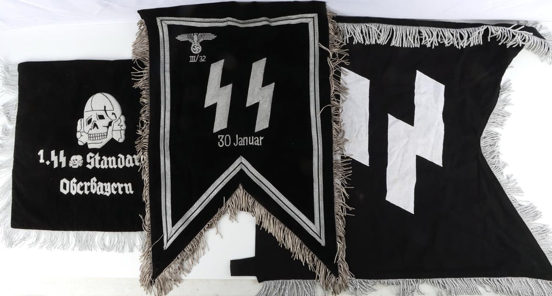 3 WWII GERMAN THIRD REICH BULLION SS STANDARD FLAG: Believed to be Reddick Militaria productions, as photographed. Top quality homage swallowtail standard and banners, sizes range from 16 X 16 - 26 X 28 inches, all very good condition.