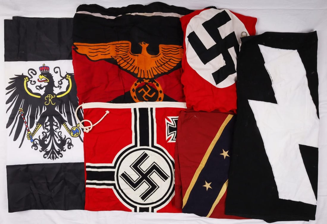 WWII GERMAN PARTY SS & CONFEDERATE FLAG LOT OF 6: The SS flag is 32 X 57 inches, does not fluoresce, Confederate is 32 X 57 inches, good reunion flag, the Kriegsmarine is 60 X 90 centimeters, and fluoresces, all are age indeterminate but likely post