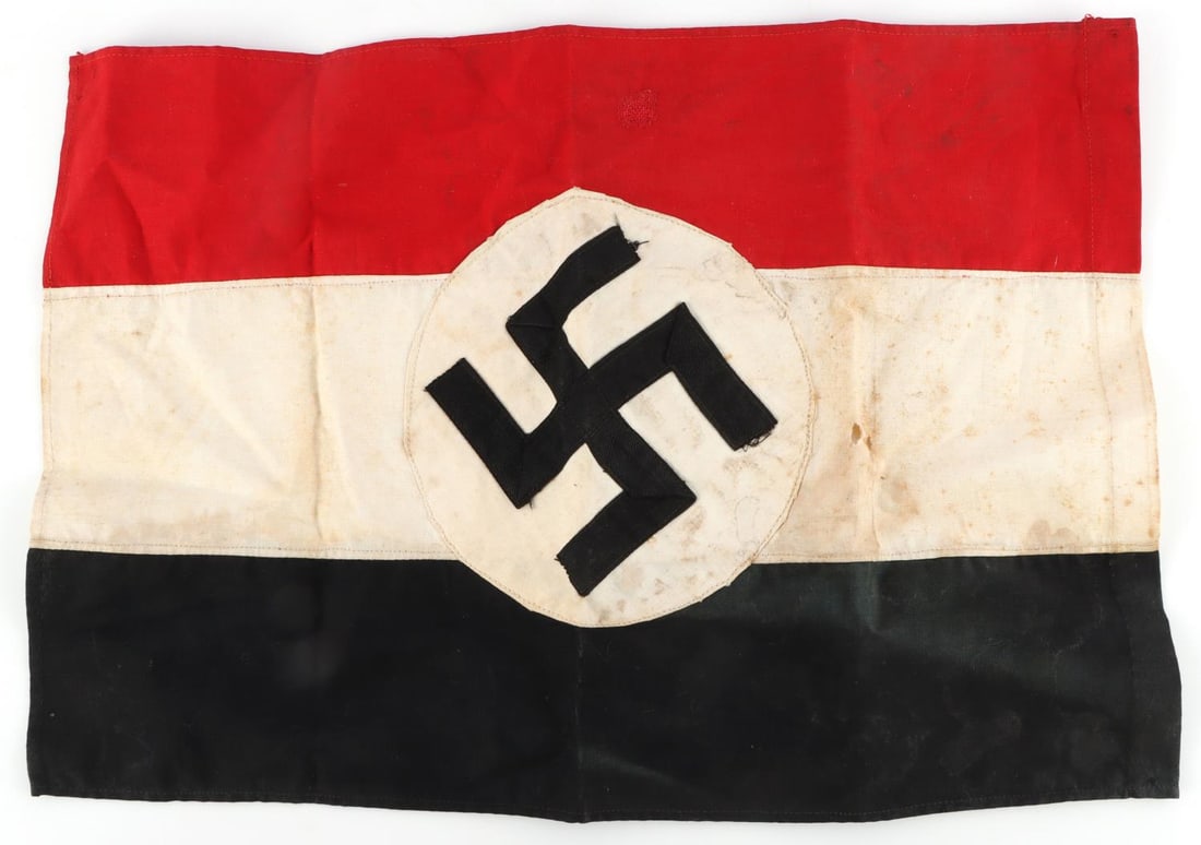 GERMAN IMPERIAL NATIONAL FLAG W ADDED SWASTIKA: Rare item multi piece sewn flag with 2 added Swastikas, some staining and small holes measures 17 X 11 inches.