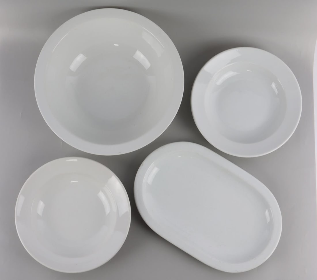 4 WWII GERMAN REICH BEAUTY OF LABOUR PORCELAIN LOT: Lot of four (4) WWII German Reich Sch?nheit der Arbeit(Beauty of Labour) dinnerware porcelain items including two soup bowls, a large bowl and a large plate. The two smaller bowls' underside features 