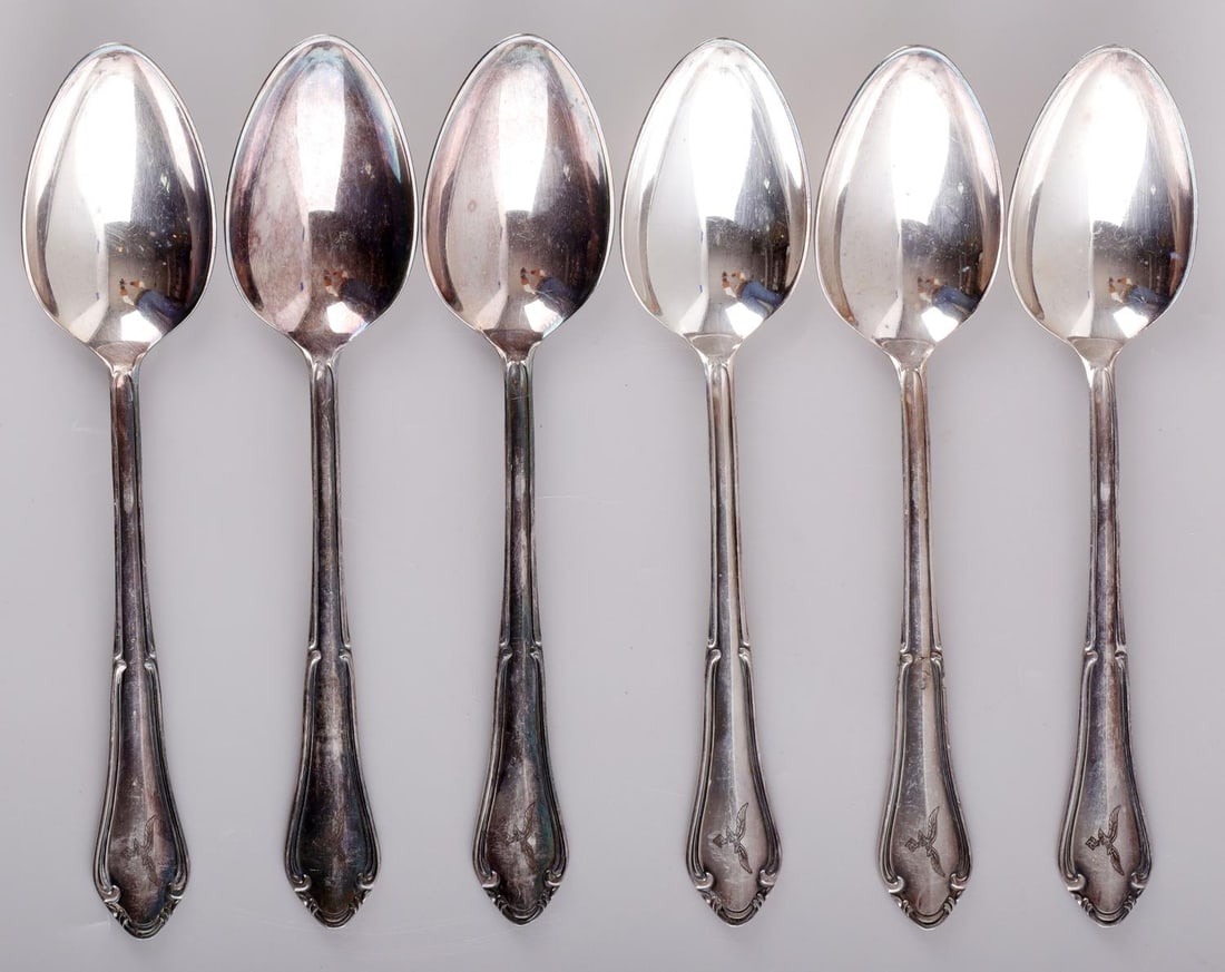 SET OF 6 WWII THIRD REICH LUFTWAFFE TABLE SPOONS: Set of 6 table spoons from Luftwaffe Officer's canteen. Dimension: 8 X 2.75 inches. All are in very good condition. Unauthenticated and sold as is.