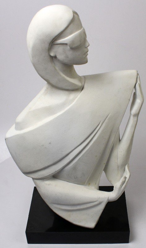 DAVID FURLOUGH SCULPTURE OF A WOMAN 1987: David Fischer (Contemporary American) cast ceramic sculpture of a woman with sunglasses. Cast by Austin Prod. Inc. 1987. Reverse signed. On a wood veneer base. Overall in very good condition.