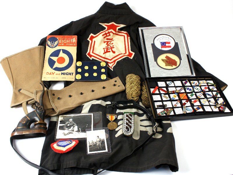 CSA CIVIL WAR TO VIETNAM MILITARY COLLECTIBLE LOT: Lot includes, Confederate Flag Remnants with COA on verso stating from the Gunther collection, boxed set of Meyer unissued USAF button set, framed ribbon collection WWII to Vietnam, 1945 8th Air Force