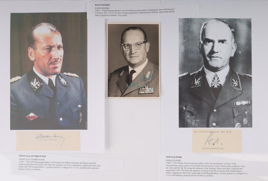 WWII GERMAN POHL KALTENBRUNNER SPEIDEL AUTOGRAPHS: Three separate signed photo or postcard Oswald Pohl, Hans Speidel, and Ernst Kaltenbrunner, with Bios to each.