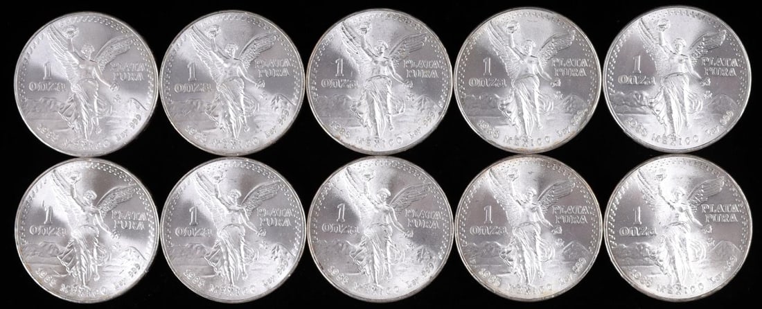 1985 MEXICO 1 ONZA SILVER LIBERTAD COIN LOT OF 10: Electronically tested, each coin contains 1 oz of .999 pure silver. Struck at the Mexican Mint, featuring ?MO? mint mark. Located in Mexico City, the Mexican Mint strikes Libertad coins under the auth