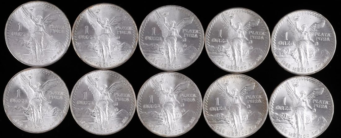 1985 MEXICO 1 ONZA SILVER LIBERTAD COIN LOT OF 10: Electronically tested, each coin contains 1 oz of .999 pure silver. Struck at the Mexican Mint, featuring ?MO? mint mark. Located in Mexico City, the Mexican Mint strikes Libertad coins under the auth