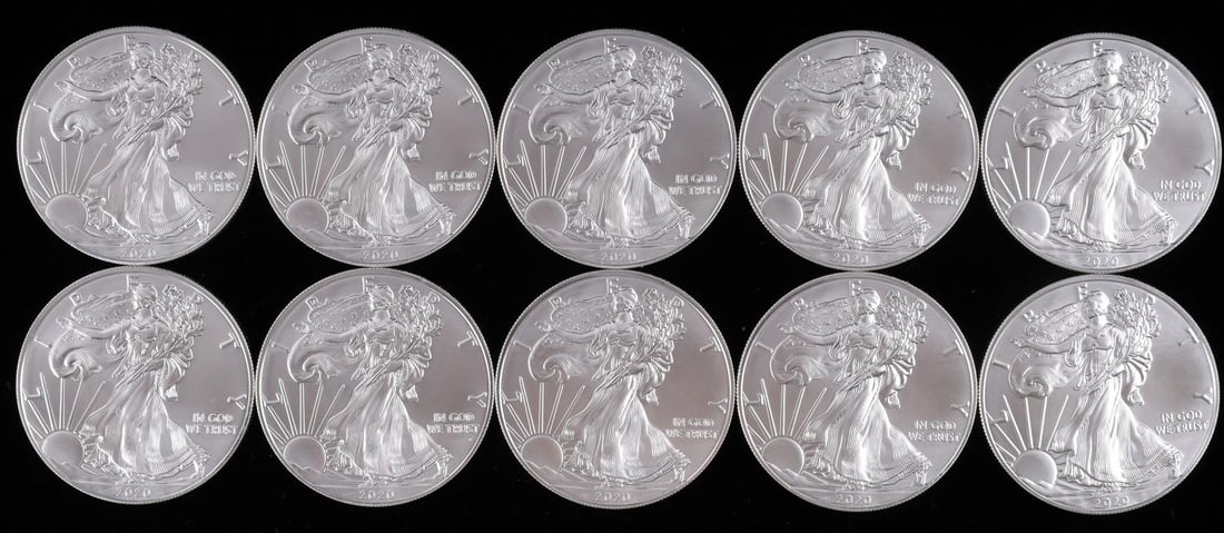 10 AMERICAN EAGLE 1 OZ SILVER U.S. COIN LOT: Lot of TEN (10) silver dollar coins, all dated 2020, electronically tested. Purchased directly from the refiner. This lot has a reserve.