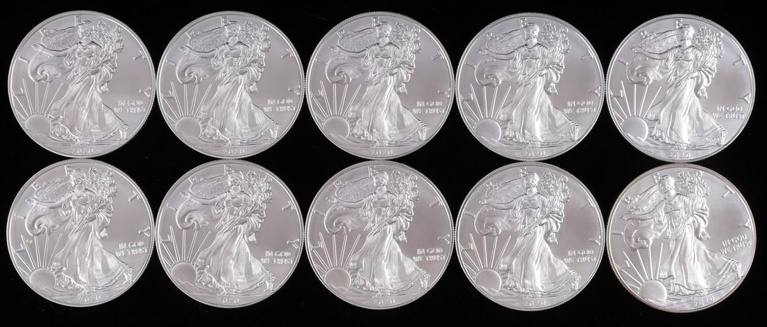 10 AMERICAN EAGLE 1 OZ SILVER U.S. COIN LOT: Lot of TEN (10) silver dollar coins, all dated 2020, electronically tested. Purchased directly from the refiner. This lot has a reserve.