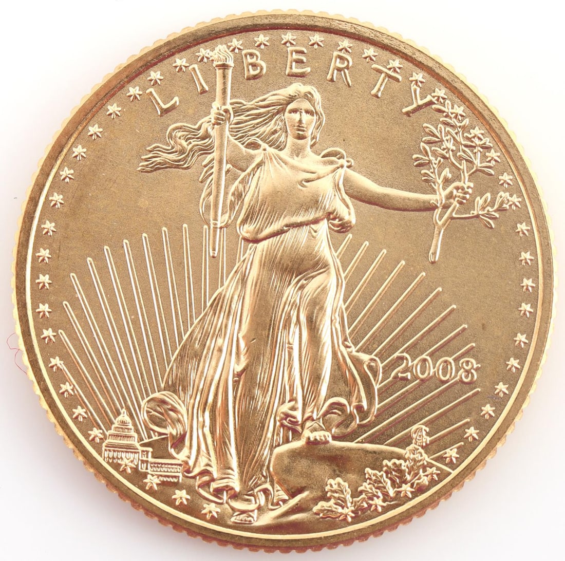AMERICAN EAGLE GOLD 1/4 OZ COIN: 2008 U.S. gold coin, electronically tested, purchased from refiner. Gross Weight: 8.48 grams This lot has a reserve.