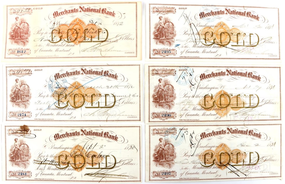 6 OBSOLETE CURRENCY GOLD MERCHANTS NATIONAL BANK: All cancelled, but in uncirculated condition. Two are sequential, Burlington, VT. and Montreal, Canada.