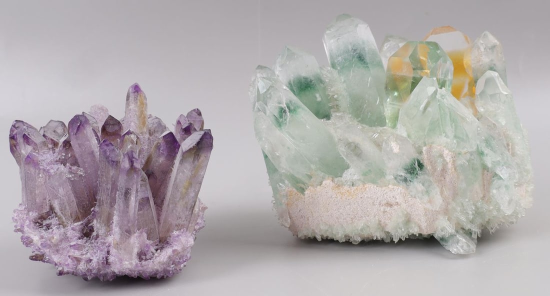 2 QUARTZ CRYSTAL CLUSTER GREEN GHOST & AMETHYST: Phantom Crystal Green Ghost Tibetan Quartz dimensions 4 1/2 X 3 1/8 inches. The amethyst measures 3 7/8 X 3 inches. This lot has a reserve.