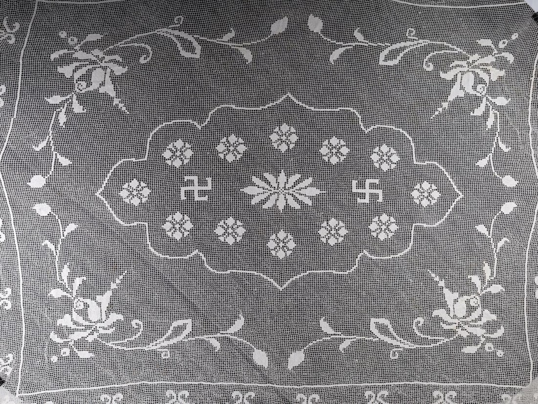 19TH OR EARLY 20TH CENTURY SWASTIKA TABLE CLOTH: A very fine example of a quality hand knotted 72 x 56 inch good luck non-Third Reich swastika table cloth, some non-detracting light staining, very useable and very rare, from Iowa estate.
