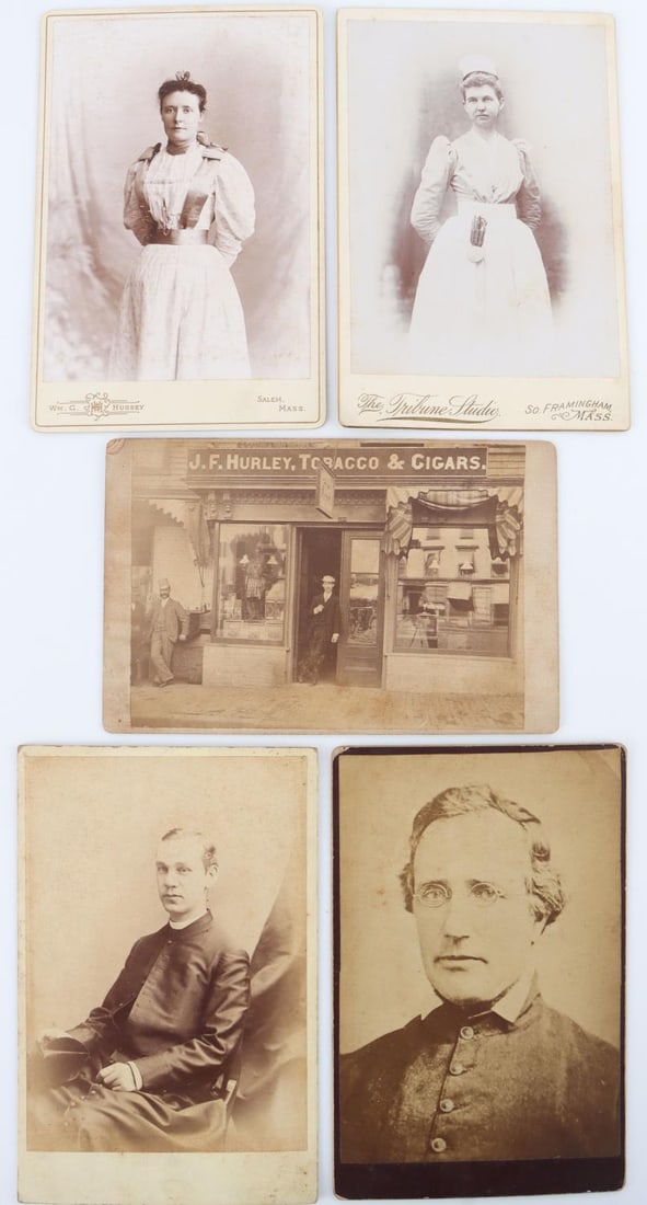 CABINET CARD LOT HURLEY SALEM CIGAR INDIAN NURSE: Includes J.F. Hurley Tobacco & Cigar, Indian clearly visible, Hurley was Mayor of Salem, Nurse in uniform, Clergy and more.