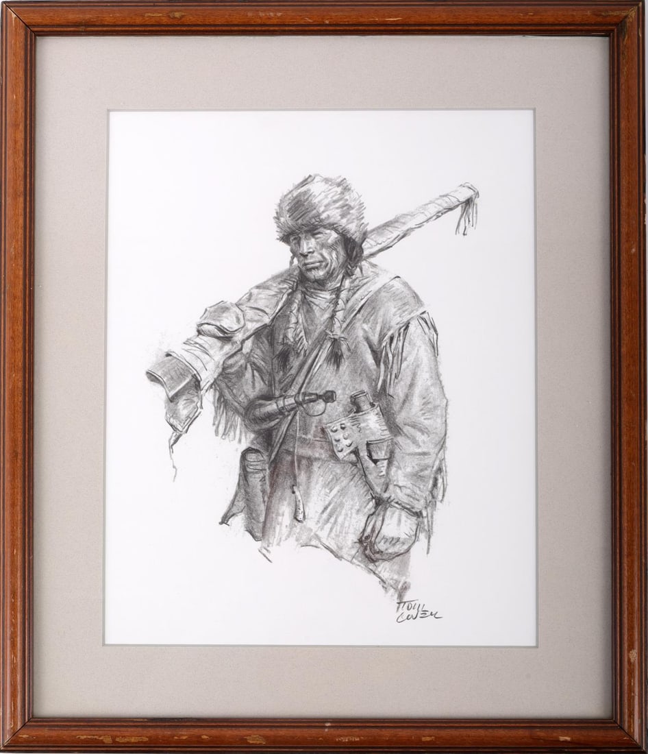 TOM LOVELL INDIAN WITH RIFLE FRAMED PRINT: Tom Lovell (1909-1997) untitled (Indian with Rifle) print. Signed lower right: TOM LOVELL. Print size: 10.5 X 8.5 Framed size: 12 X 14 inches.