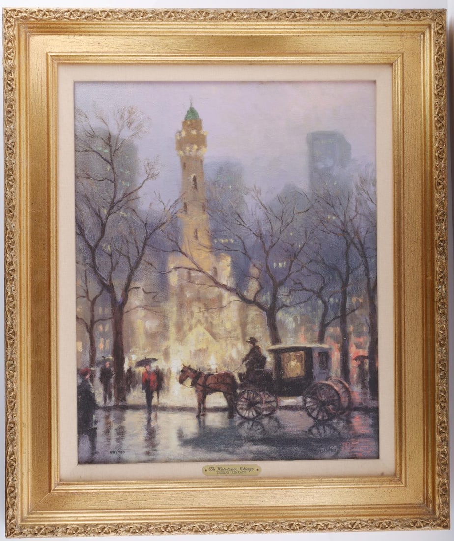 THOMAS KINKADE LE LITHOGRAPH WATERTOWER CHICAGO: Thomas Kincaid The Watertower, Chicago. Limited Edition 1899 of 1950 S/N offset lithograph on canvas with Certificate of Authenticity. Condition: very good. Dimensions: canvas 16x20 inches, framed 23x