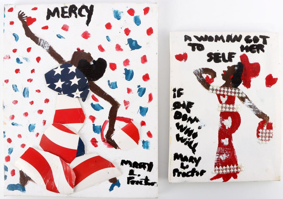 MARY PROCTOR AMERICANA FOLK ART PAINTING LOT OF 2: 2 original pieces by "Missionary" Mary L. Proctor (1960- ), American artist, best known for her inspirational paintings, collages, and assemblages. As per Wikipedia, Museums holding her work in their 