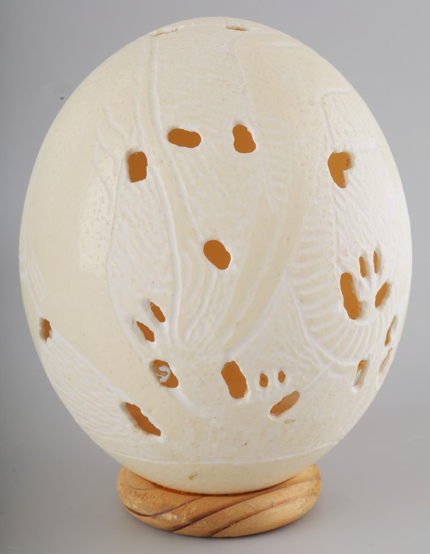 OSTRICH EGG 2 ELEPHANT CARVED IMAGE: Twinned carved elephant imagery, stands 6 3/4 inches.