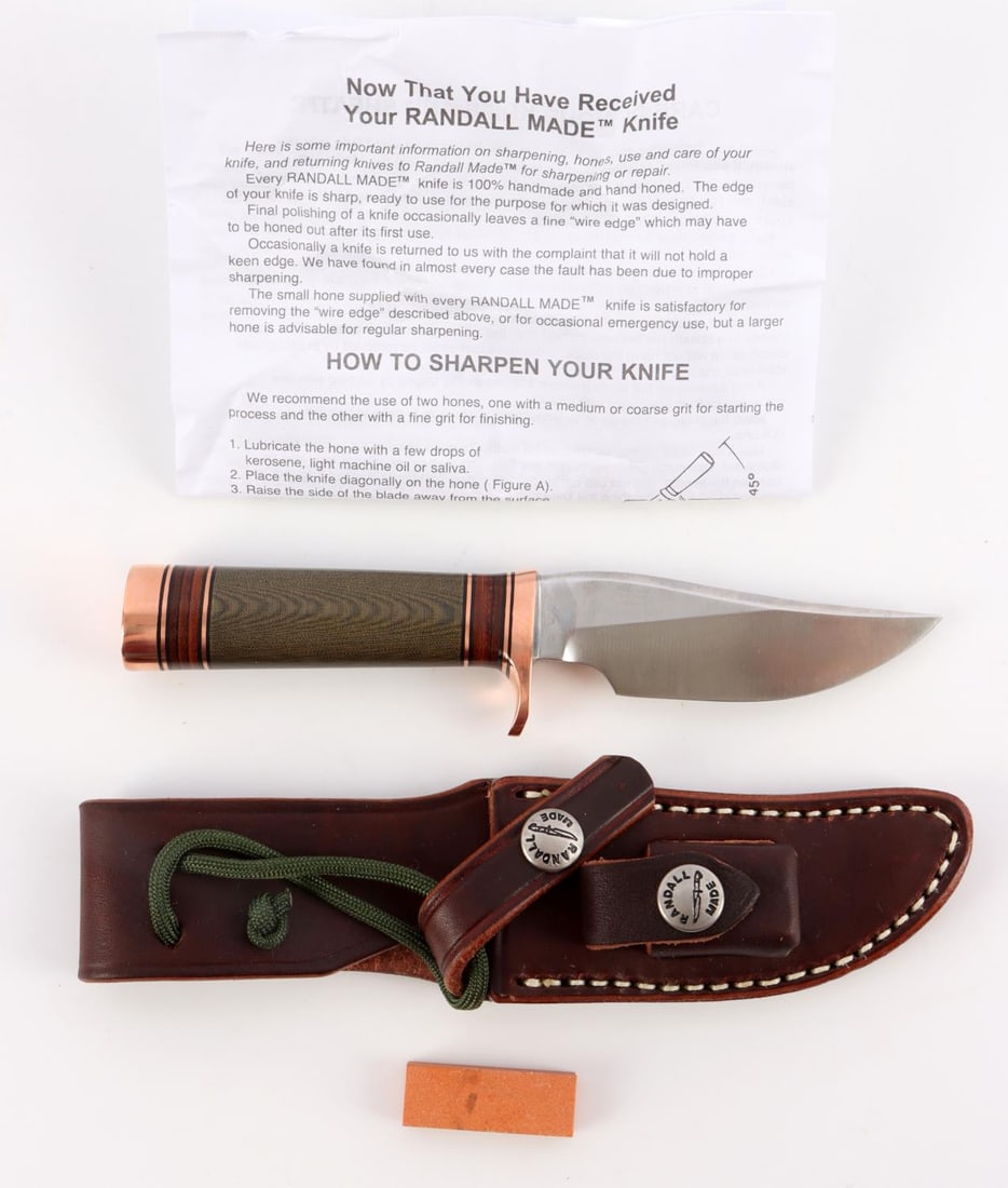 RANDALL MADE KNIFE MODEL 27M COPPER MINIATURE: 3 1/2 inch blade of 3/16 inch stainless steel stock. Model #27 mini handle is configured with a copper hilt, black/copper spacers and green Micarta center and copper butt cap. Accompanied by Randall M