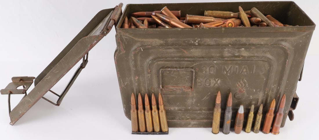 AMMUNITION BOX FULL OF WWII AND POST WAR RIFLE RDS: Ammunition box full of WWII and post-war rifle ammunition. Mostly .308, 30-03, 5.56, 7.62. Total weight is 22 pounds. Inspect all rounds before using.
