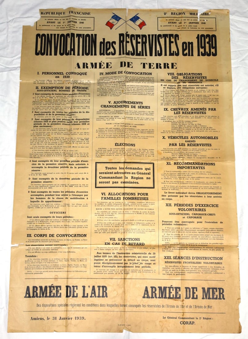 WWII FRENCH REPUBLIC 1939 RESERVIST SUMMONS POSTER: Very large WWII French Armee de Terre reservists summons for the city of Amiens "La 2eme Region Militaire de France". Poster bulletin measures 47 inches tall by 31 3/8 inches wide. Some rips, stains a