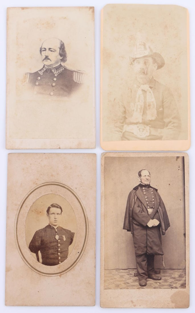CIVIL WAR CDV LOT GEN. SUTTON FIREMAN DBL. AMPUTEE: General Sutton, unnamed double amputee veteran with medals, Salem Ma. Hose No. 5 Salem, Mass., plus one other, good original condition.