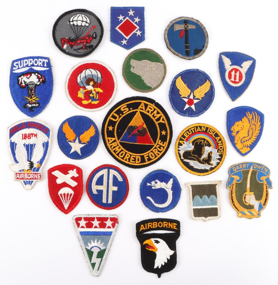 WWII US ARMY & AAF PATCHES PARATROOPER ARMORED: Includes paratrooper, armored, Army Air Force and many more from WWII era. In good condition.