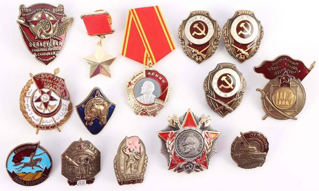 LOT OF 14 RUSSIAN MEDALS & PINS WWII AND POST WAR: 1 WWII Soviet Russian Silver Order of Alexander Nevsky medal badge. Screwback with markings on backside. 3 WWII Russian Sniper Badges. 1 Russian Order of the Red Banner. 1 Russian Order of the Red Ban