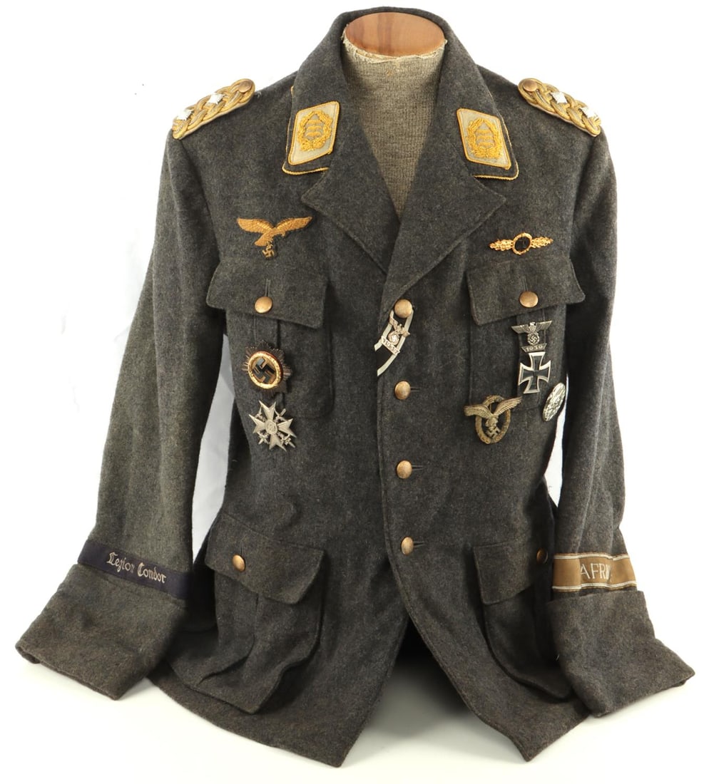 WWII GERMAN THIRD REICH LUFTWAFFE DAK TUNIC: Believed a built East German post-war tunic, although some of the bullion insignia appear period, balance is post-war.