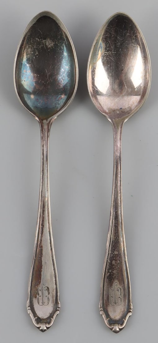 WWII GERMAN REICH 800 SILVER EVA BRAUN SPOONS: Tests for silver. Two spoons with "EB" monogram. Marked "800" with crown on bottom. In good condition. Unauthenticated, sold as is.