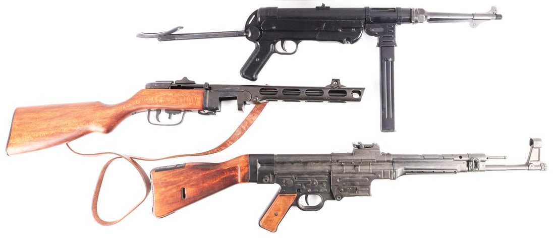 WWII GERMAN & SOVIET MP40 STG44 & PPSH-41 PROP GUN: Lot of three (3) WWII prop guns including a German MP40 and STG44 and also an Soviet PPSH-41. PPSH(DENIX, MADE IN SPAIN) features moving parts like the trigger, bolt/slide, and magazine release(does n