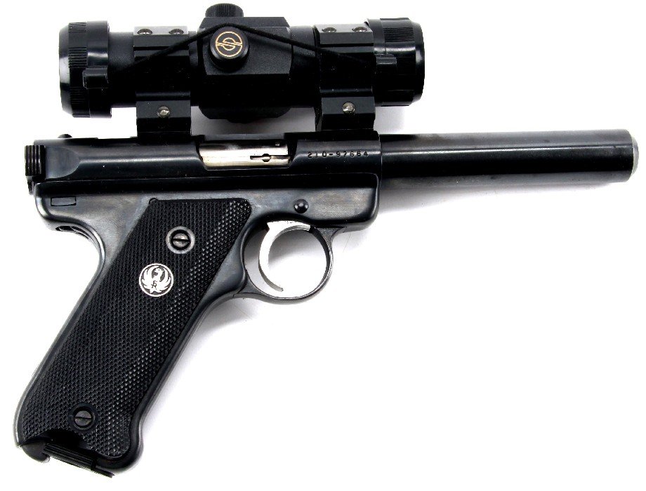 RUGER MARK II TARGET BULL BARREL: Ruger Mark II target .22LR pistol, with Simmons Red Dot sight. Bore is bright and clean, finish is about 95%, and grips excellent. . Caliber: .22 LR Serial #: 210-97664