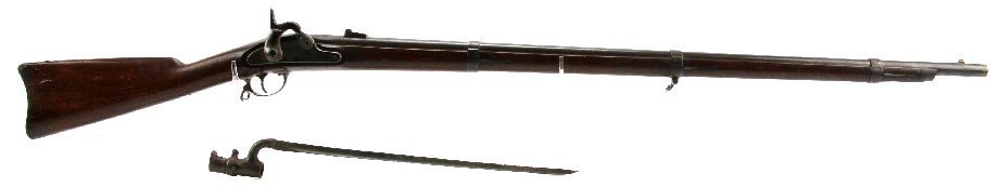 US MODEL1861 TRENTON CONTRACT RIFLED MUSKET: US Model 1861 Trenton Contract rifled musket, complete with bayonet. .58 caliber round barrel measures 40 inches. Dated 1863 on the top flat of barrel, with "V P" and eagle and "NJ" markings. Lock pla