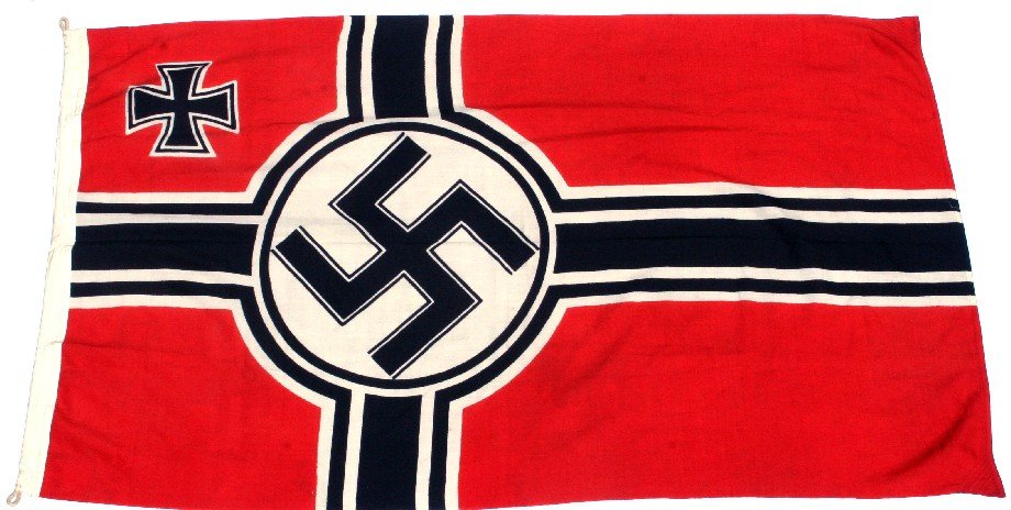 LARGE WWII GERMAN KRIEGSMARINE NAVAL FLAG: Large WWII German Kriegsmarine flag. Marked "Riechskriegsflg" and "Plutzar & Brull KG., Bielitz O/S". and measurement 100 by 170 (approximately 40 by 67 inches). Excellent condition.