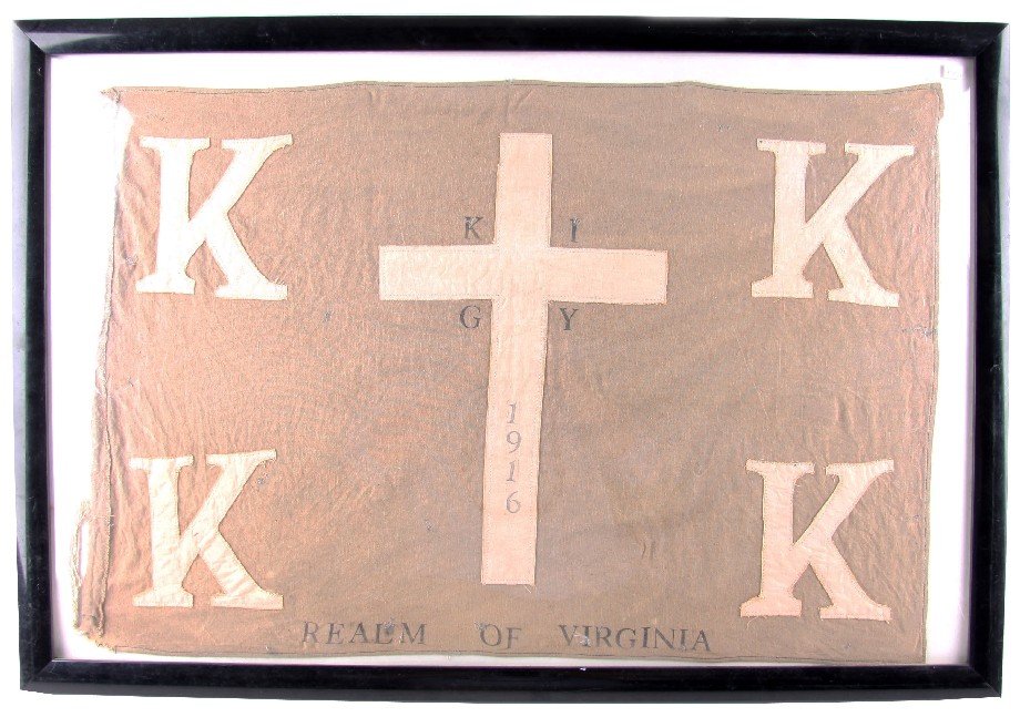 KKK 1916 REALM OF VIRGINIA BANNER FLAG: Realm of Virginia 1916 KKK cotton linen flag with ties. Frame measures 31 by 23 inches, sewn and stamped letters. Damage free, average use.