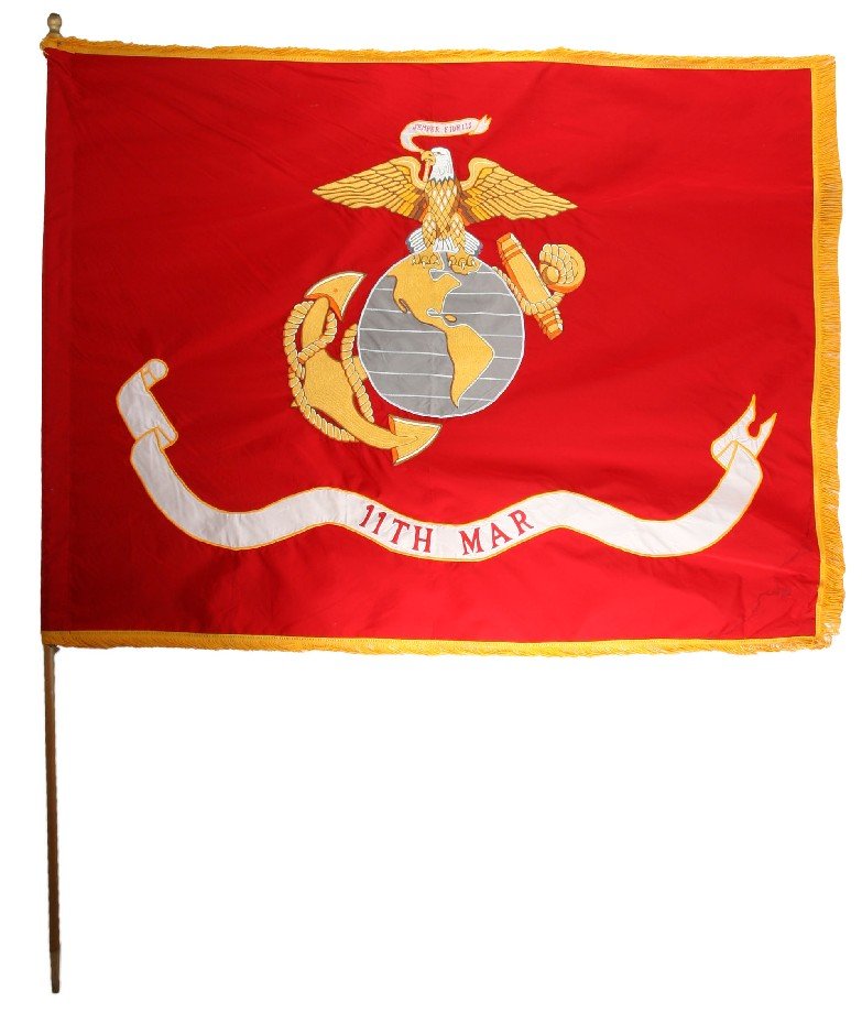 4 X 6 FOOT USMC HEAVY EMBROIDERED FLAG WITH POLE: Heavy nylon flag with large embroidered USMC globe and eagle insignia and banner displaying "11th MAR". The flag is of official quality and is not a lightweight souvenir. Tassel boundary. Wood two pie