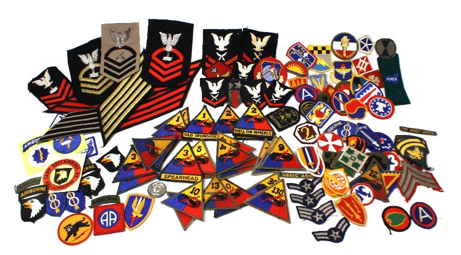 WWII TO VIETNAM PATCH LOT AIRBORNE & SCARCE ISSUES: Over 120 cloth patch and insignia, some rare issues including 509 Geronimo, bullion CBI patch, 3rd Division and more, Airborne, U.S. Navy construction battalion bullion CPO insignia, Vietnam patches,