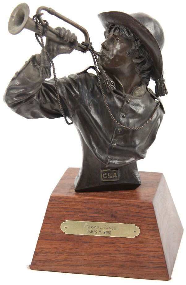 JAMES N MUIR BUGLE NOTES BRONZE STATUE: Bugle Notes James N. Muir bronze statue mounted on wood base. Numbered 9/30 and signed on the back James Nathan Muir. Height from base measures 10 inches tall. Weight is 6.5 lbs.