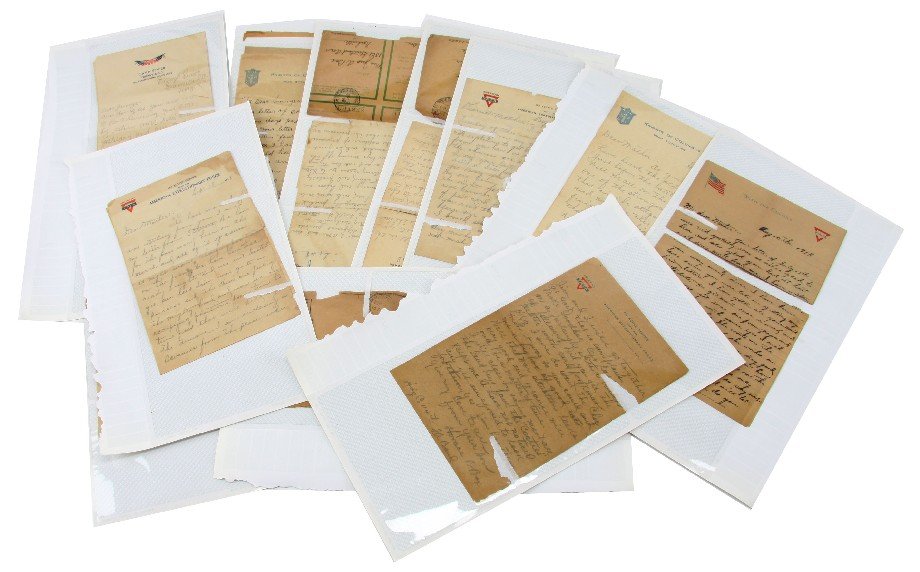 WWI AEF DOUGHBOY & COMBAT LETTERS HOME: Large grouping of letters from AEF doughboy to home about day to day activities and combat. Letters to many different family members. Battle mentioned include St. Mahiel, Argonne Forrest, and Verdun. 
