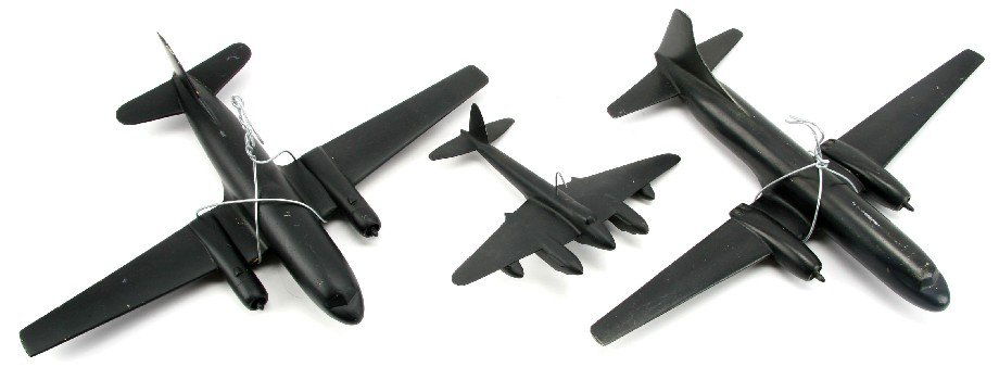 MOSQUITO PR 34 CONVAIR 340 ILYSHIN IL-14 ID MODELS: All post-War, black, metal, date to 1950s-1960s, and scale 1/72. Includes Mosquito PR 34 measures 7.5 inches long with a wingspan of 9.75 inches, Convair 340:440 Metropolitan measures 13 inches long w