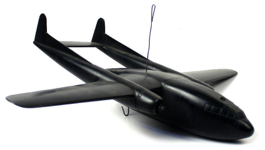 CRUVER C-119C FLYING BOXCAR RECOGNITION MODEL: Post-war C-119C Flying Cart Boxcar Cruver recognition model. Measures approximately 14.5 inches long, wingspan 18.25 inches. Date 12/51, scale 1/72, color black. Overall in very good condition.