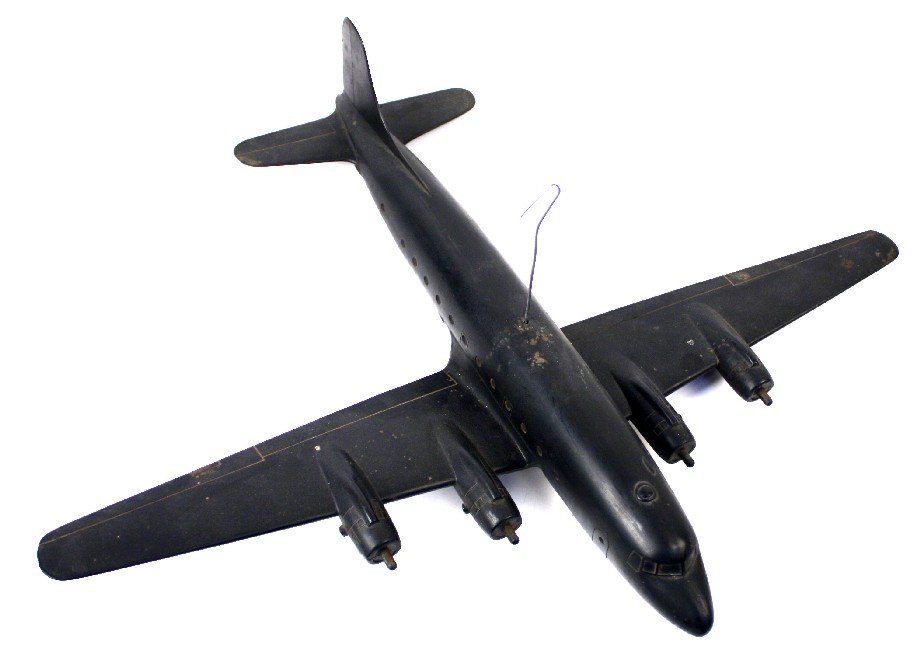 POST-WAR CRUVER C-54G R5D-5 RECOGNITION MODEL: Post-war Cruver C54G/R5D-5 recognition model, date 01/52, scale 1/72, color black, made of acetate. Measures approximately 15.75 inches long, wingspan 19.5 inches. Overall in very good condition.