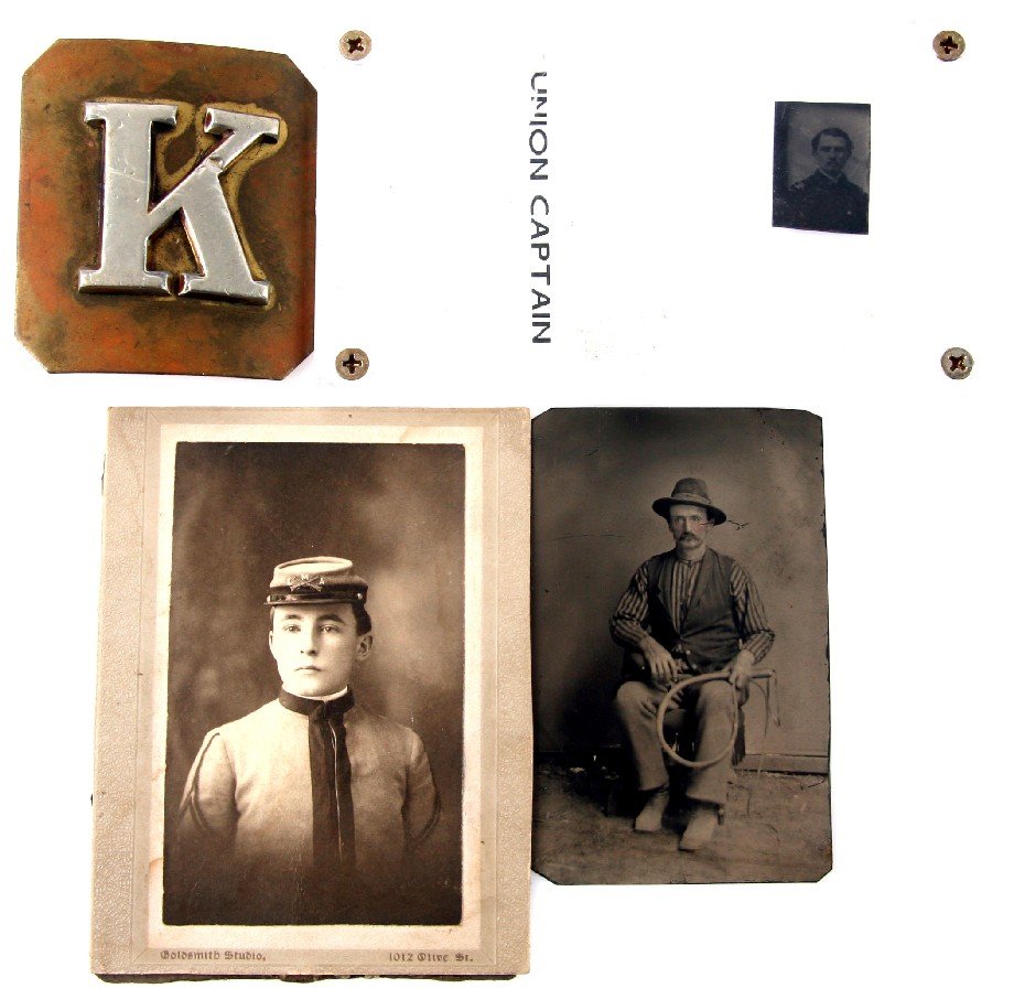CIVIL WAR COWBOY KMA BUCKLE & TIN TYPE PHOTO LOT: Grouping of photos and a shoulder belt plate, includes 1x3/4 inch tin type of Union Captain, Buckaroo tintype with whip and early boots, Kentucky Military Academy CDV and K belt plate, the photo is na