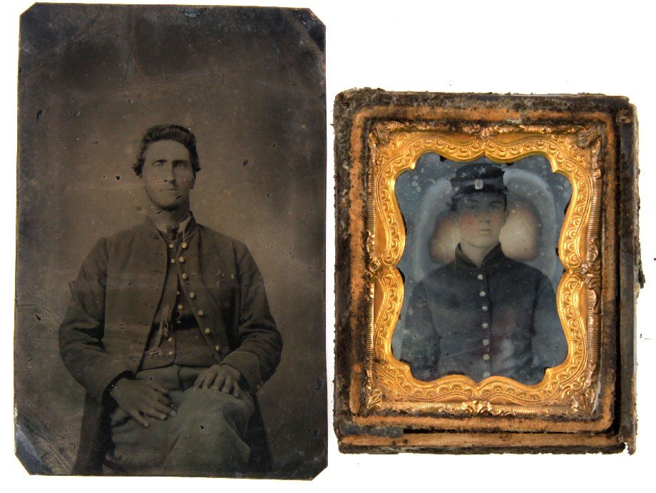TWO CIVIL WAR TINTYPE SOLDIER PHOTOS CSA AND GAR: Included is a Confederate (Tenn.?) soldier in CDV (2.75 by 4 inches) wearing tunic and vest. In very good condition with gold touched buttons. The other is a Union soldier in 1/9th plate size (2 by 2.