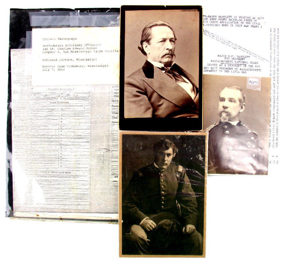 CIVIL WAR CABINET CARDS CONFEDERATE & GAR OFFICERS: Included is a cabinet photo if 1st Lt. Charles Edward Hooker, Company A, 1st Mississippi light artillery. He is in a suit not a uniform. Accompanied by copies of his record and parole from Vicksburg P
