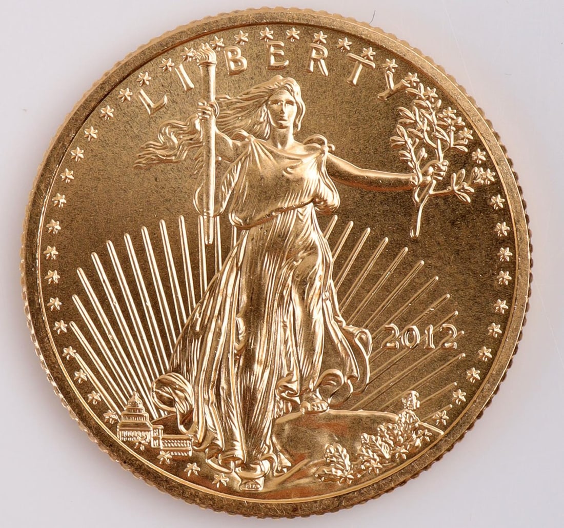 1/4 OZ GOLD AMERICAN EAGLE 2012 US COIN: Electronically tested, purchased direct from the refiner. Struck in 22K gold, each individual coin has 1/4 oz of pure gold as .9167 fine. This lot has a reserve.