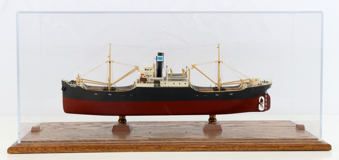 S.S. EXCALIBER JOHN FICKLIN CARGO SHIP MODEL: John Ficklin intricate ship models are in museums around the world, sadly passed. His models are hand crafted works of art 16 inches is the 1930's Cargo ship S.S. Excaliber. Front Portside pulley is d