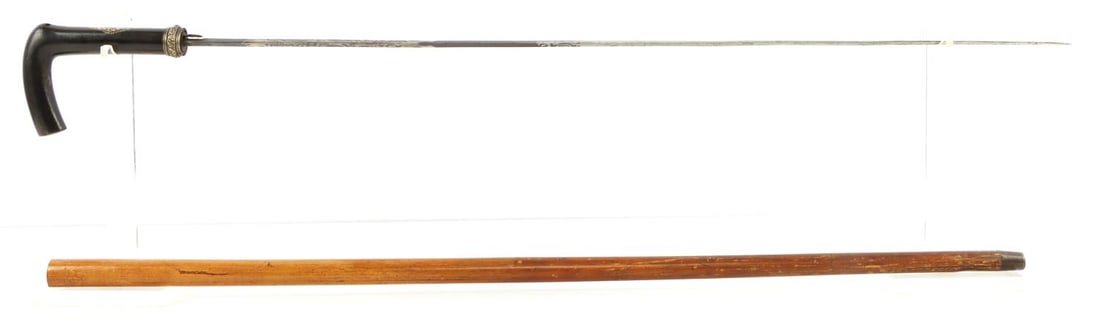 ANTIQUE HORN GRIP SWORD CANE WALKING STICK: Very nice blue inlay blade length overall 33 inches, in cane, 3$ 1/4, button releases sword, MOP inlay and silver wrap, some minor loss to grip at bend, wood is good with original ferrule tip. This lo