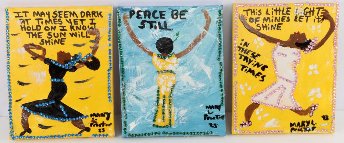 MARY PROCTOR AMERICANA FOLK ART LOT OF 3: 3 Original pieces by "Missionary" Mary L. Proctor (1960- ), American artist, best known for her inspirational paintings, collages, and assemblages. As per Wikipedia, Museums holding her work in their 