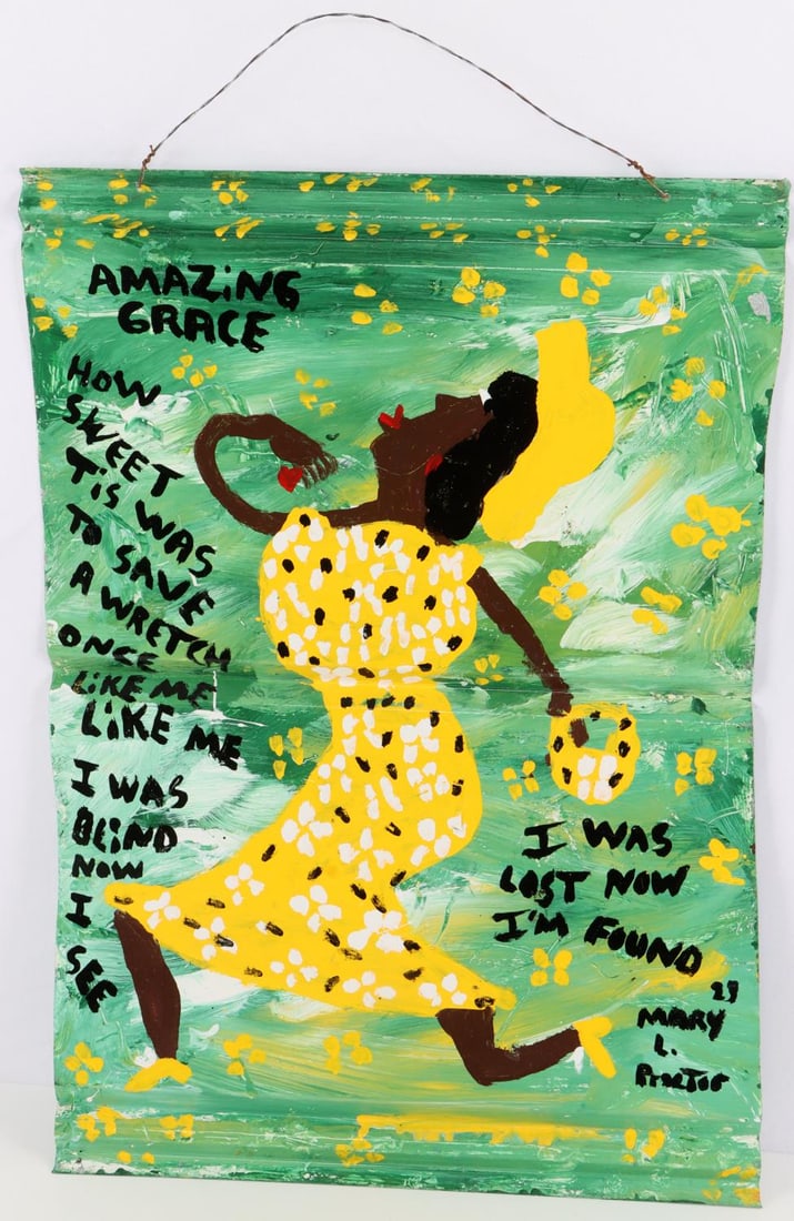 MARY PROCTOR AMERICANA FOLK ART PAINTING ON METAL: Original piece on corrugated metal by "Missionary" Mary L. Proctor (1960- ), American artist, best known for her inspirational paintings, collages, and assemblages. As per Wikipedia, Museums holding h