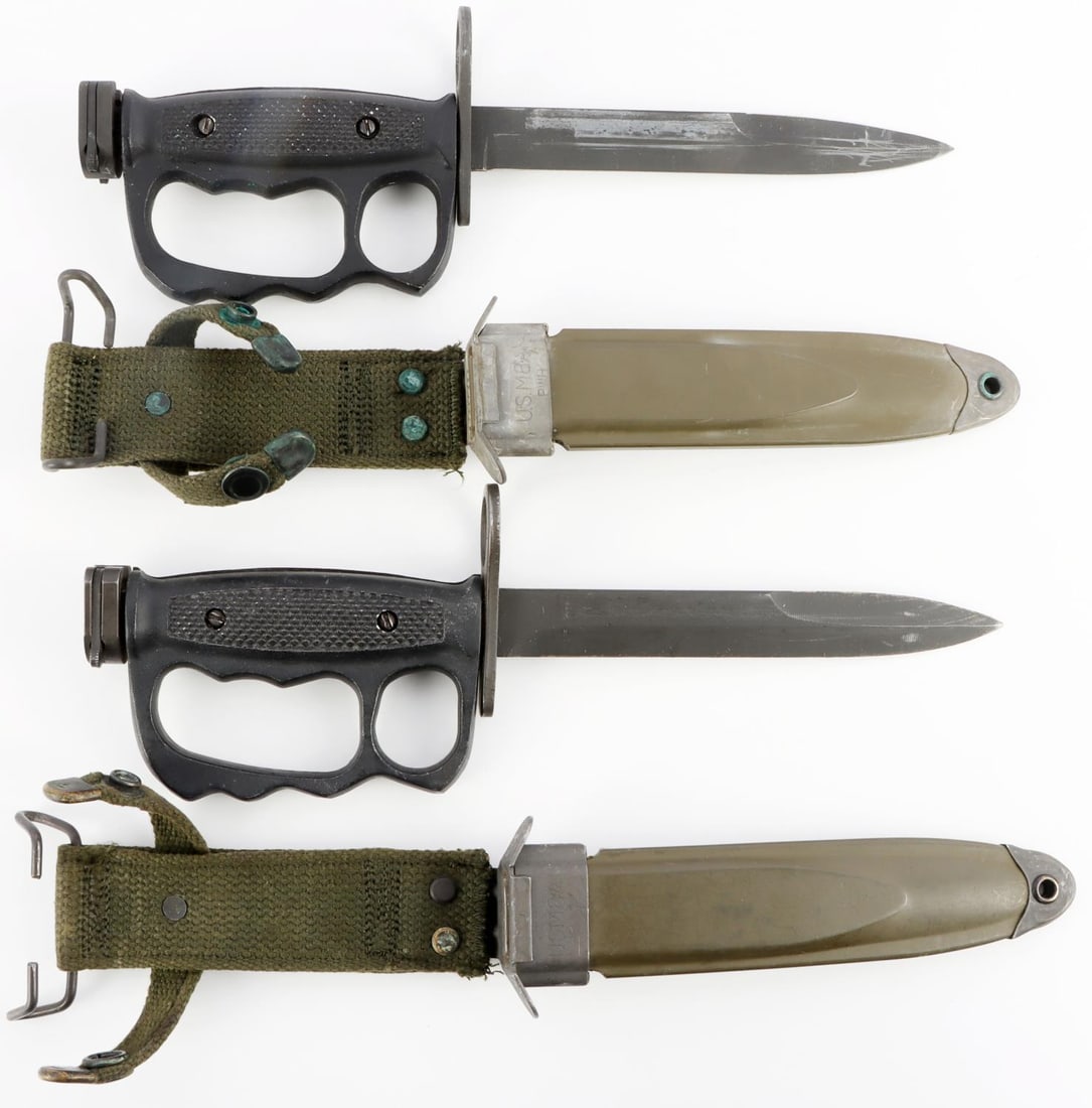 2 M7 VIETNAM EXPERIMENTAL KNUCKLE DUSTER BAYONETS: Lot of TWO (2). M7 Bayonet in M8 scabbard, experimental fighting knives, U.S. M7 Imperial stamped crossguard, unissued condition, scarce.